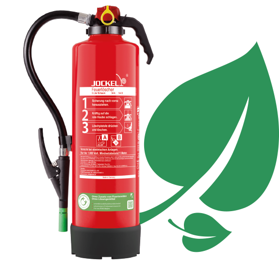 Feuerlöscher der Green-Serie von Jockel, Dahinter Icon grünes Blatt