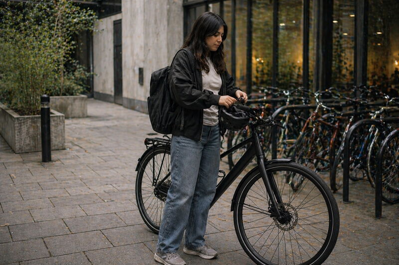 Frau steht vor ihrem Fahrrad.