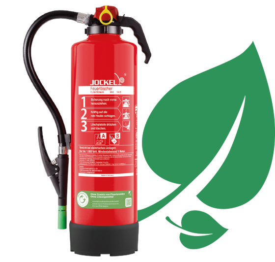 Feuerlöscher der Green-Serie von Jockel, Dahinter Icon grünes Blatt