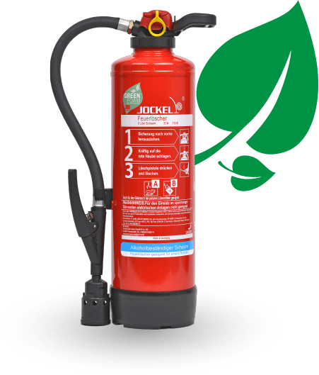 Feuerlöscher der Green-Serie von Jockel, Dahinter Icon grünes Blatt
