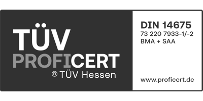 Zertifikat vom TÜV Profivert Hessen DIN 14675 73 220 7933-1/-2 BMA + SAA
