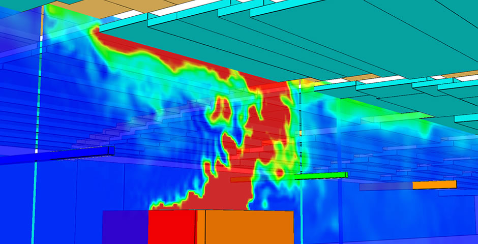 Rauchsimulation in einem Büro, Brandherd und Rauchentwicklung sind zu erkennen