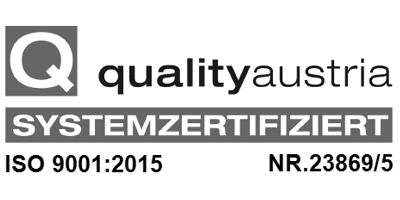 Logo von Quality Austria, das Systemzertifizierung nach ISO 9001:2015 zeigt, mit der Nummer NR.23869/5.
